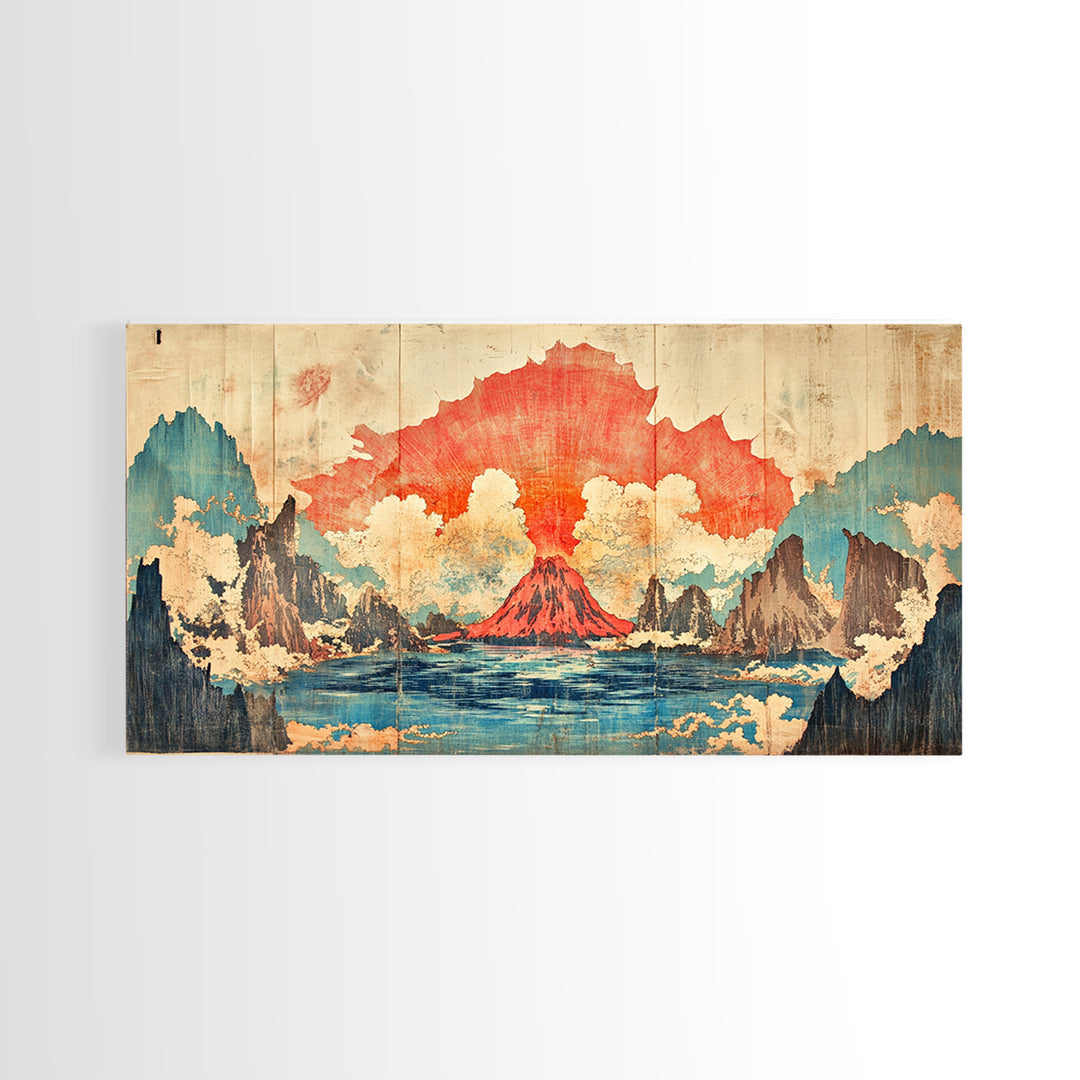 Erupting Red Volcano On Blue Mountain Lake Wall Art, Japanese Landscape Canvas Print, Dramatic Nature Living Room Decor Gift