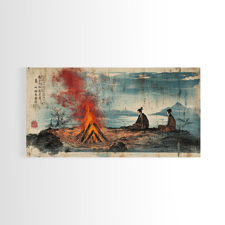 Samurai Figures By Campfire And Lake Wall Art, Japanese Landscape Canvas Print, Zen Rustic Home Decor, Travel Gift For Him