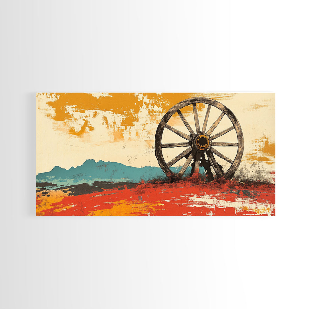 Rustic Wagon Wheel Desert Landscape Wall Art, Western Canvas Print, Southwestern Decor, Ranch House Living Room Art, Above Sofa Decor