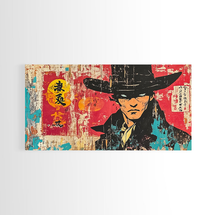 Stoic Asian Cowboy Portrait Wall Art, Samurai Western Canvas Print, Bold Red Black Decor, Masculine Office Art, Gift For Him