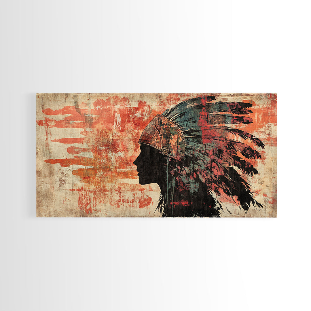 Indigenous Warrior Headdress Silhouette Wall Art, Tribal Canvas Print, Southwestern Decor, Rustic Western Living Room Art