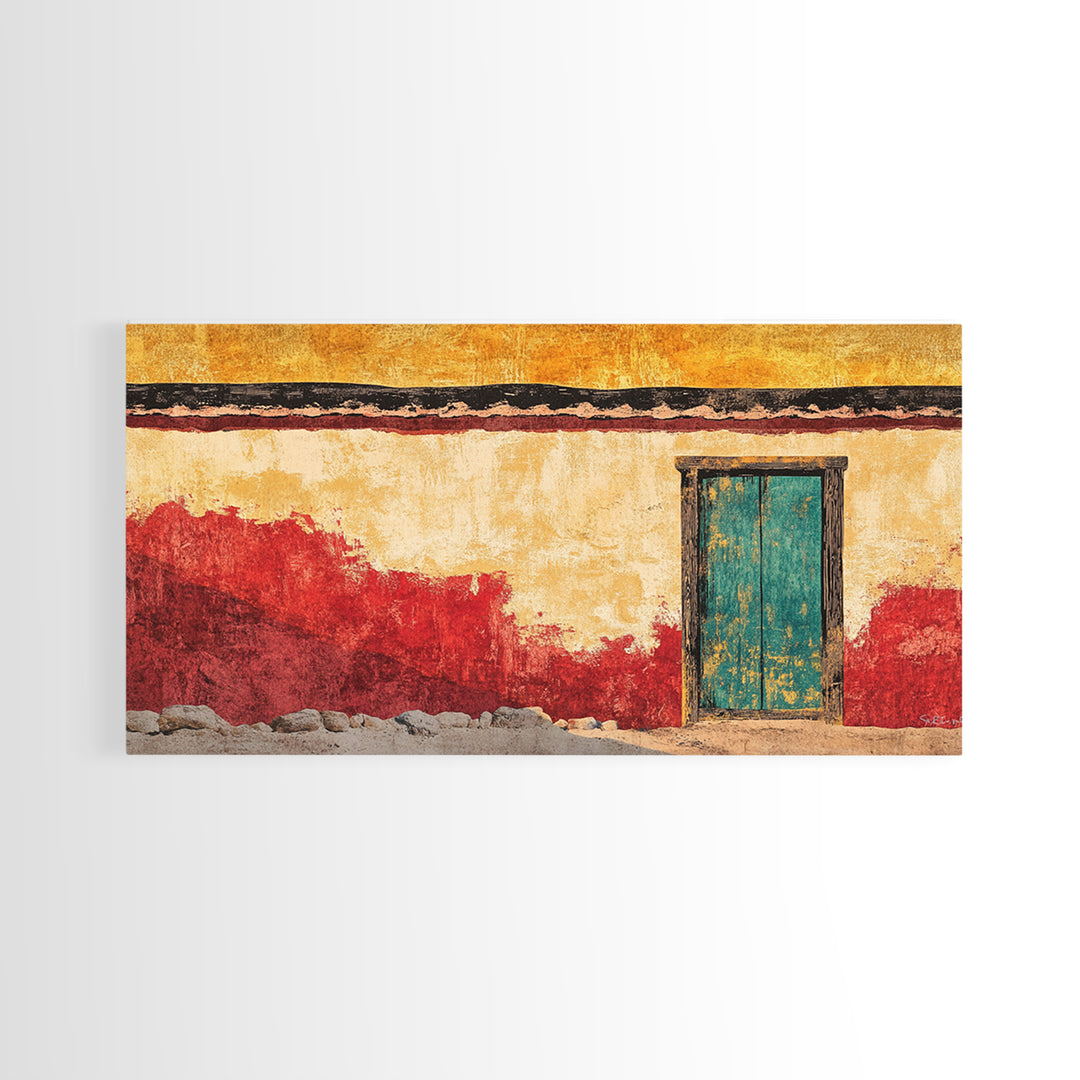 Turquoise Door Adobe Southwest Wall Art, Rustic Canvas Print, Mexican Courtyard Decor, Warm Entryway Living Room Art, Home Decor