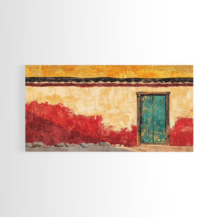 Turquoise Door Adobe Southwest Wall Art, Rustic Canvas Print, Mexican Courtyard Decor, Warm Entryway Living Room Art, Home Decor