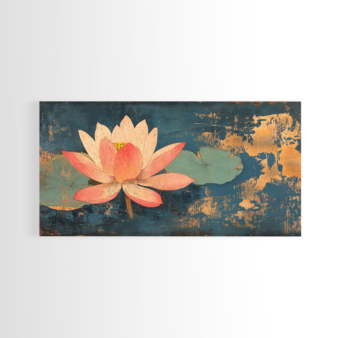 Pink Lotus Flower On Teal Water Wall Art, Zen Canvas Print, Botanical Asian Decor, Meditation Room Spa Wall Decor, Calming Art