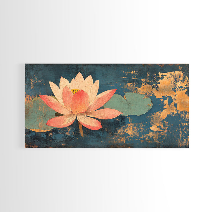 Pink Lotus Flower On Teal Water Wall Art, Zen Canvas Print, Botanical Asian Decor, Meditation Room Spa Wall Decor, Calming Art