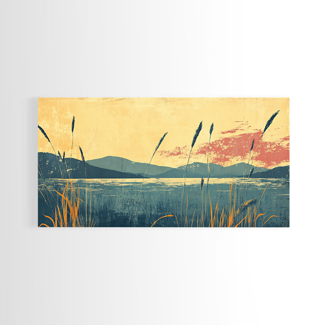 Reeds By Mountain Lake Sunset Wall Art, Serene Landscape Canvas Print, Nature Decor, Large Horizontal Living Room Art, Home Decor