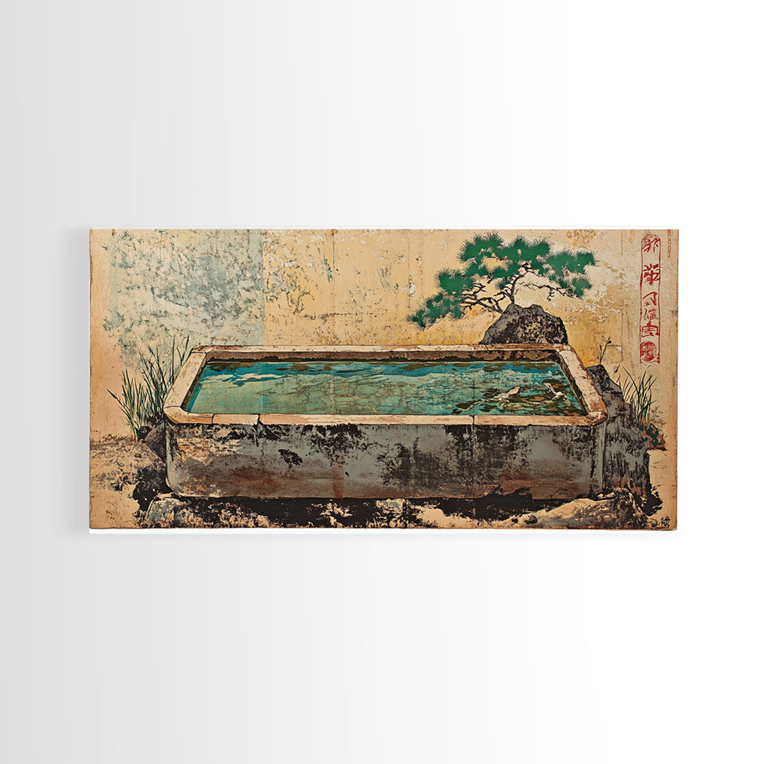 Japanese Stone Water Trough Garden Wall Art, Zen Framed Canvas Print, Bonsai Decor, Spa Meditation Room Wall Decor, Japandi Decor