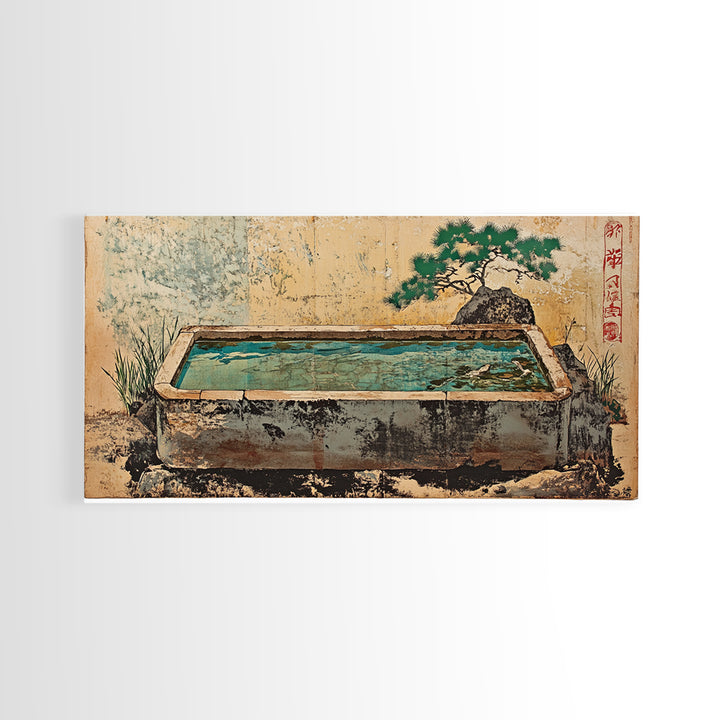 Japanese Stone Water Trough Garden Wall Art, Zen Framed Canvas Print, Bonsai Decor, Spa Meditation Room Wall Decor, Japandi Decor