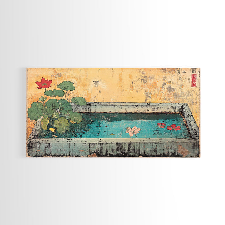 Lotus Koi Pond Garden Basin Wall Art, Japanese Canvas Print, Botanical Zen Decor, Spa Bathroom Living Room Wall Decor, Home Decor