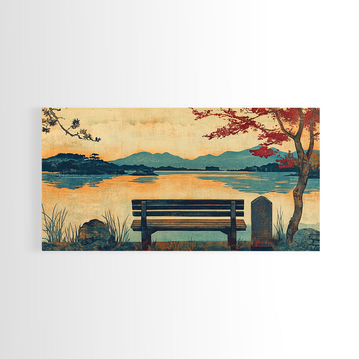 Autumn Lakeside Bench Mountain View Wall Art, Landscape Canvas Print, Rustic Cabin Decor, Serene Living Room Art, Home Decor