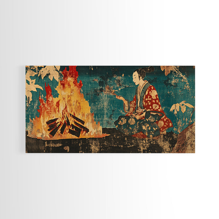 Japanese Woman Beside Bonfire Wall Art, Ukiyo E Style Canvas, Asian Inspired Decor, Japandi Living Room Wall Decor, Home Decor