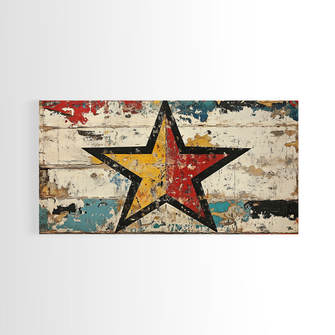 Distressed Red Yellow Star Wall Art, Rustic Americana Canvas Print, Farmhouse Wall Decor, Game Room Decor, Unique Gift For Him