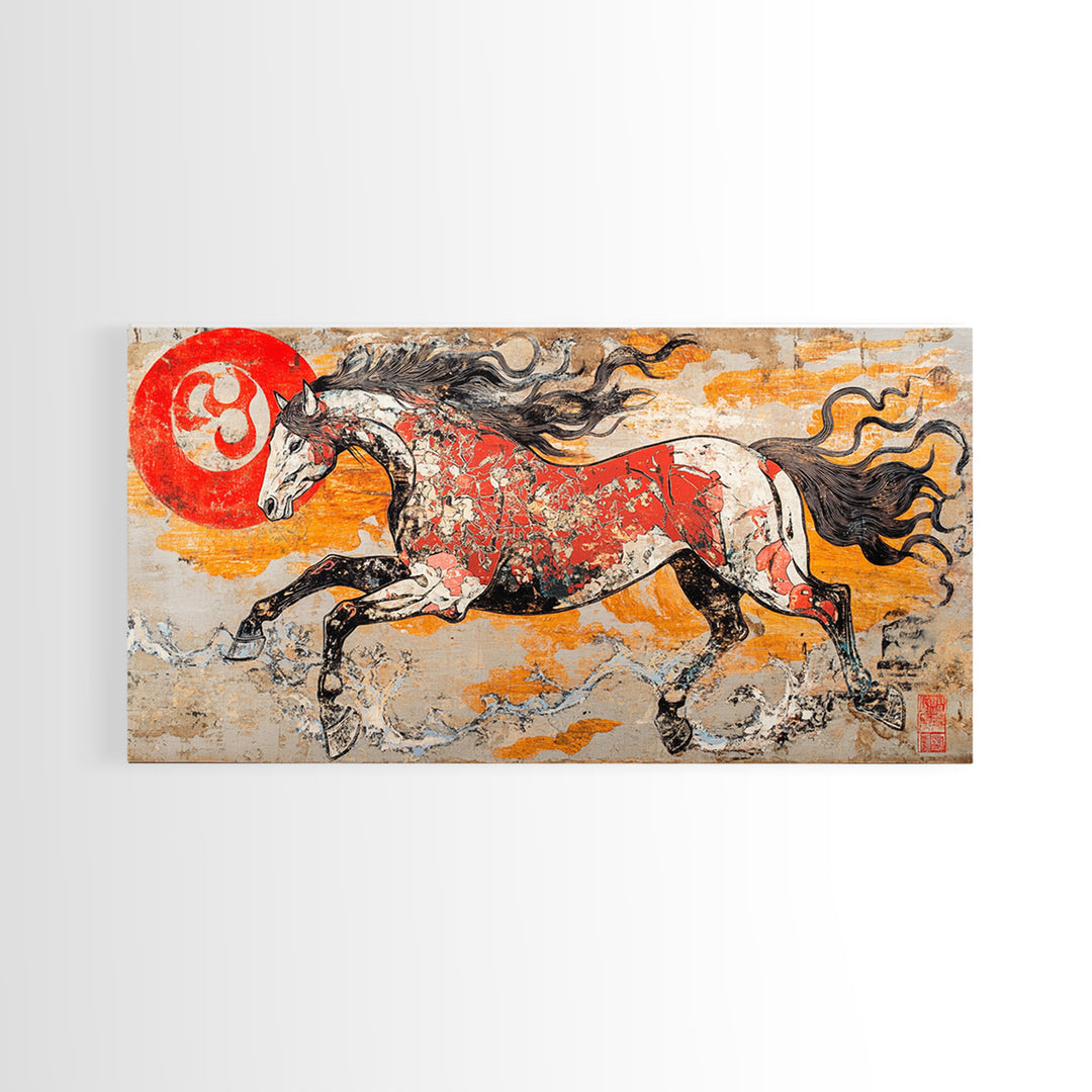 Galloping Horse And Red Sun Wall Art, Japanese Style Canvas Print, Equestrian Decor, Western Living Room Art, Home Decor Gift