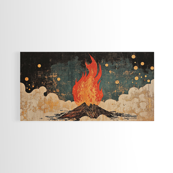 Blazing Campfire Under Moonlit Sky Wall Art, Dark Folk Art Print, Celestial Boho Decor, Rustic Cabin Lodge Home Decor Framed Canvas