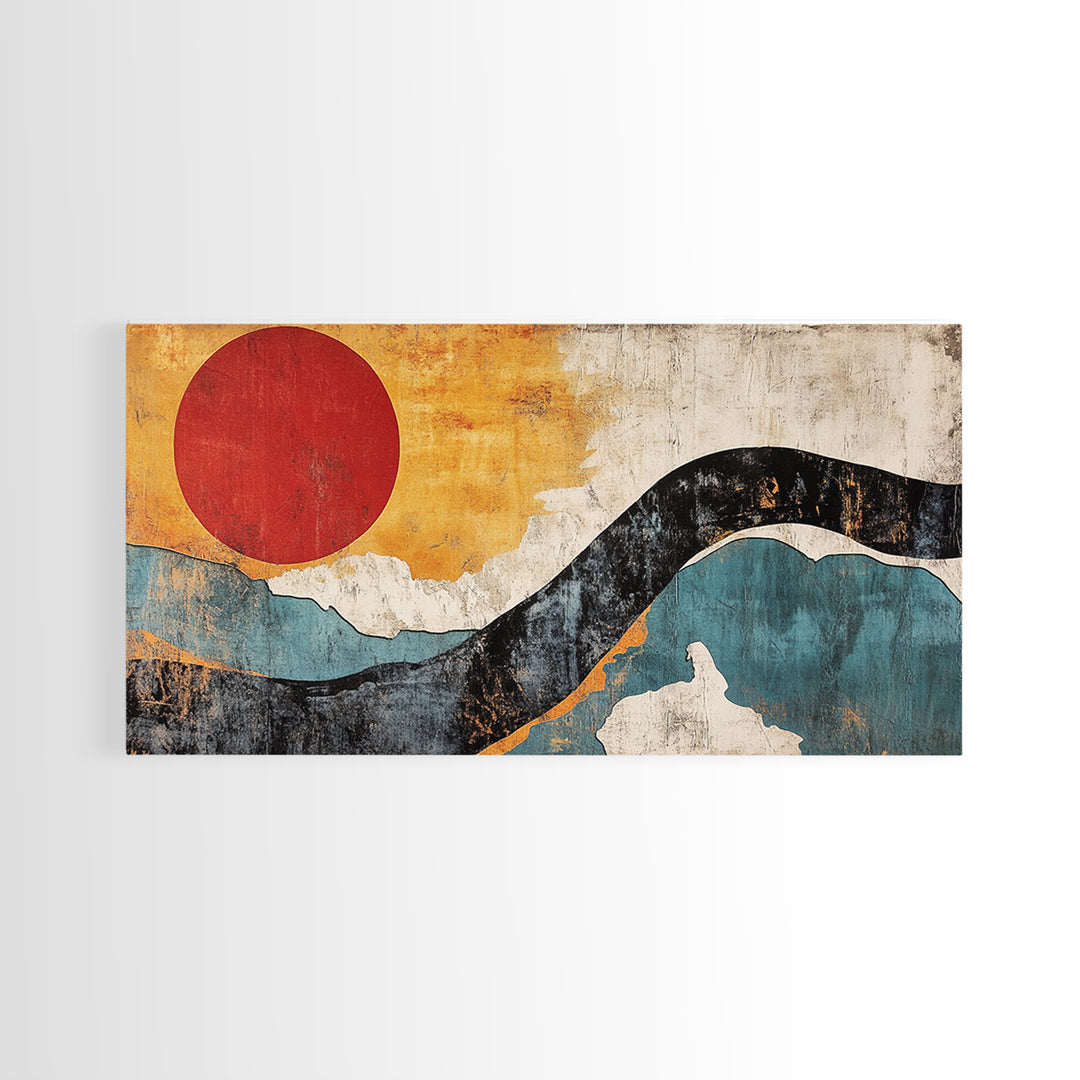 Red Sun And Blue Wave Abstract Wall Art, Mid Century Modern Print, Japandi Home Decor, Minimalist Large Framed Canvas Print