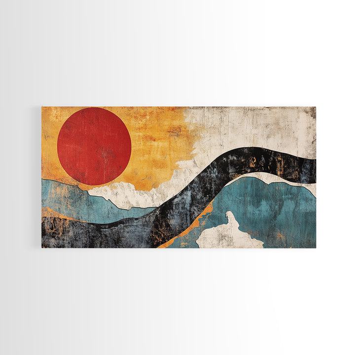 Red Sun And Blue Wave Abstract Wall Art, Mid Century Modern Print, Japandi Home Decor, Minimalist Large Framed Canvas Print