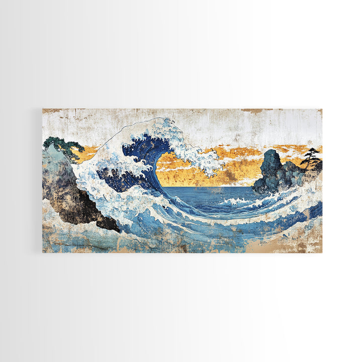 Crashing Ocean Wave Between Rocks Wall Art, Japanese Seascape Print, Coastal Decor, Nautical Living Room Framed Canvas Print