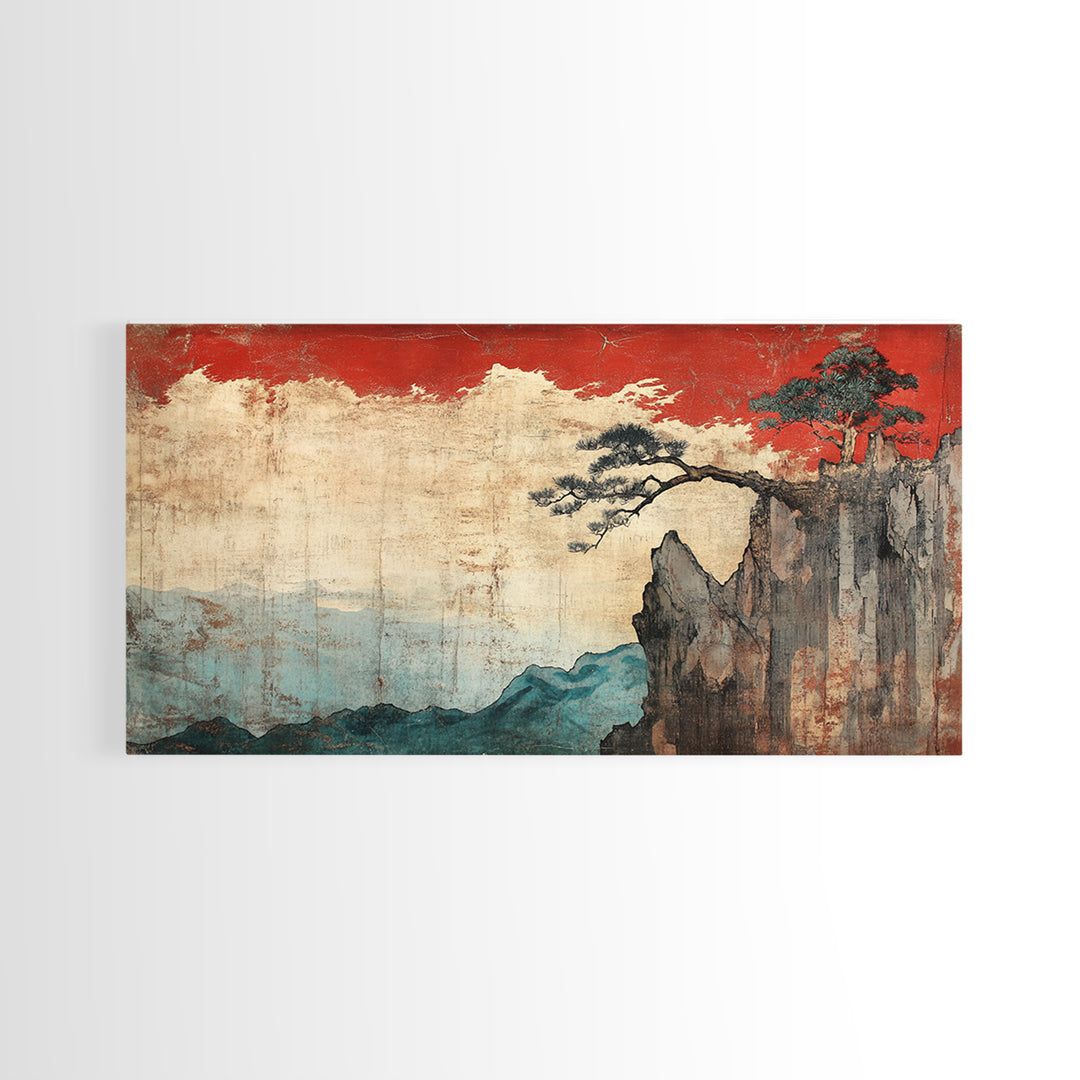 Red Sky Cliff And Pine Mountain Wall Art, Japanese Landscape Print, Moody Nature Decor, Large Japandi Living Room Framed Canvas