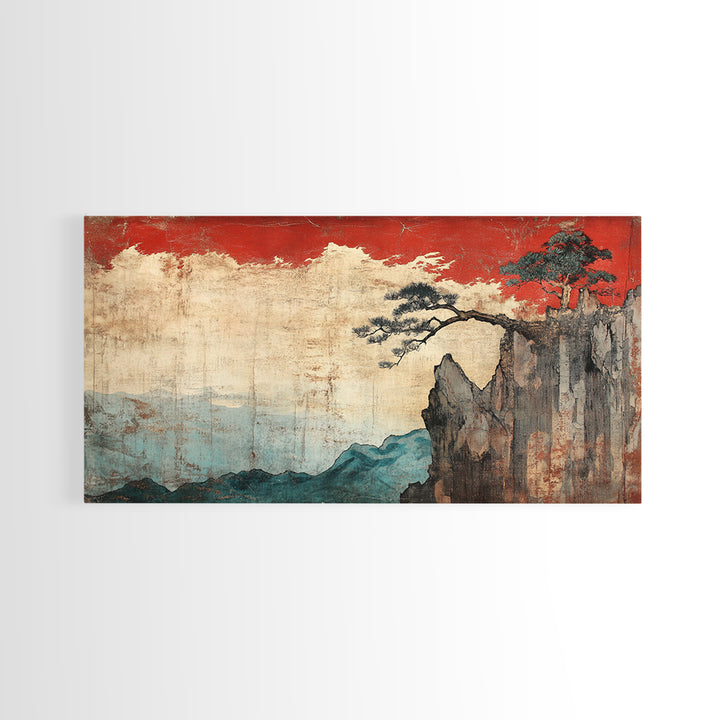 Red Sky Cliff And Pine Mountain Wall Art, Japanese Landscape Print, Moody Nature Decor, Large Japandi Living Room Framed Canvas