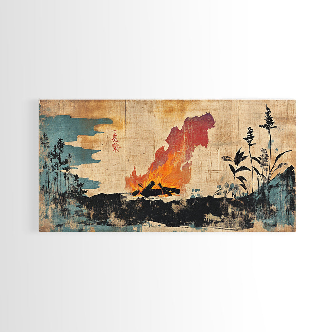 Erupting Volcano With Dark Forest Silhouette Wall Art, Japanese Landscape Canvas Print For Moody Office Decor And Home Decor