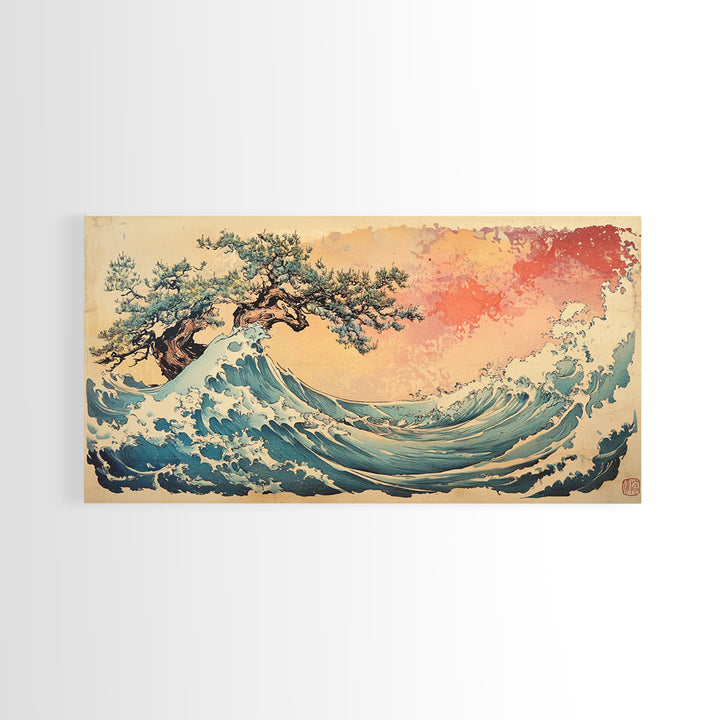 Great Wave With Wind Swept Pine Tree Wall Art, Japanese Ocean Canvas Print For Coastal Decor And Modern Living Room Wall Decor