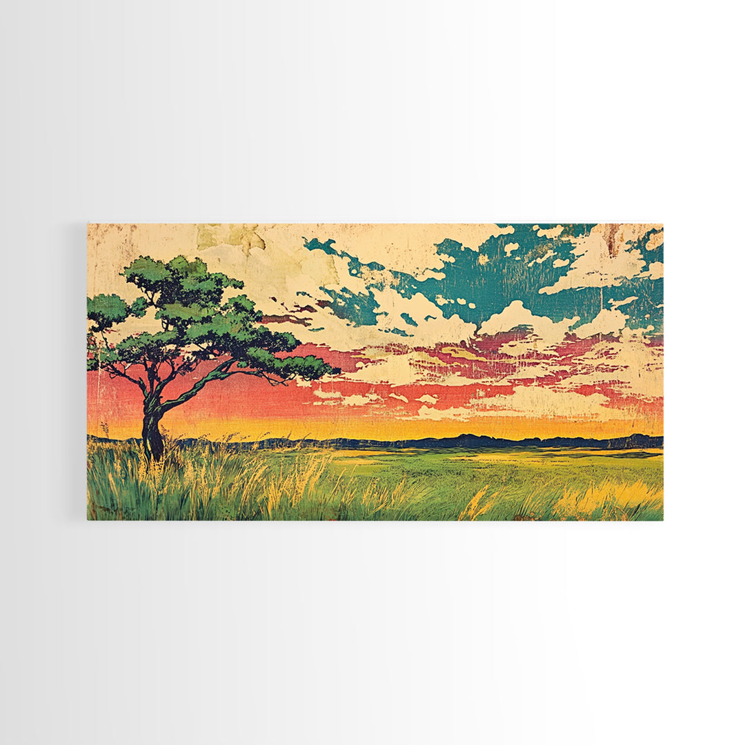 Acacia Tree At Sunset Over Golden Grassland Wall Art, African Landscape Canvas Print For Boho Decor And Warm Home Decor Art