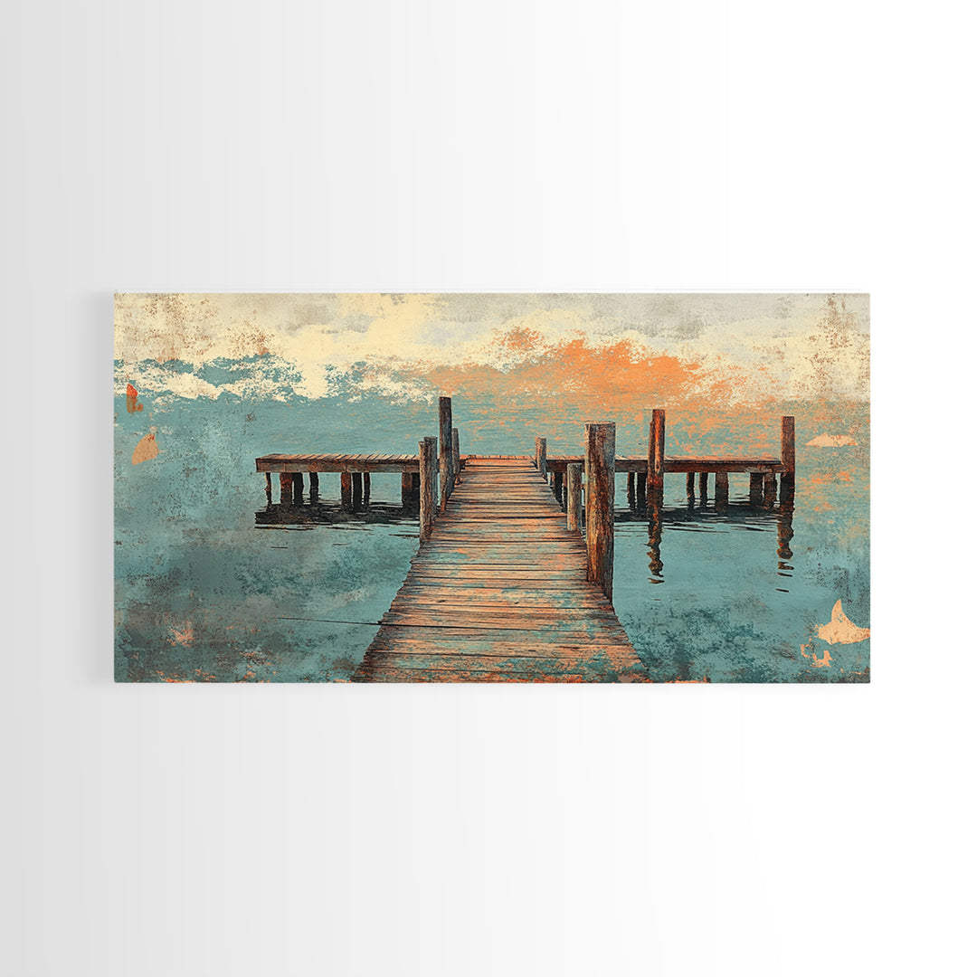 Weathered Wooden Dock Over Calm Water Wall Art, Coastal Canvas Print For Lake House Decor And Nautical Living Room Decor
