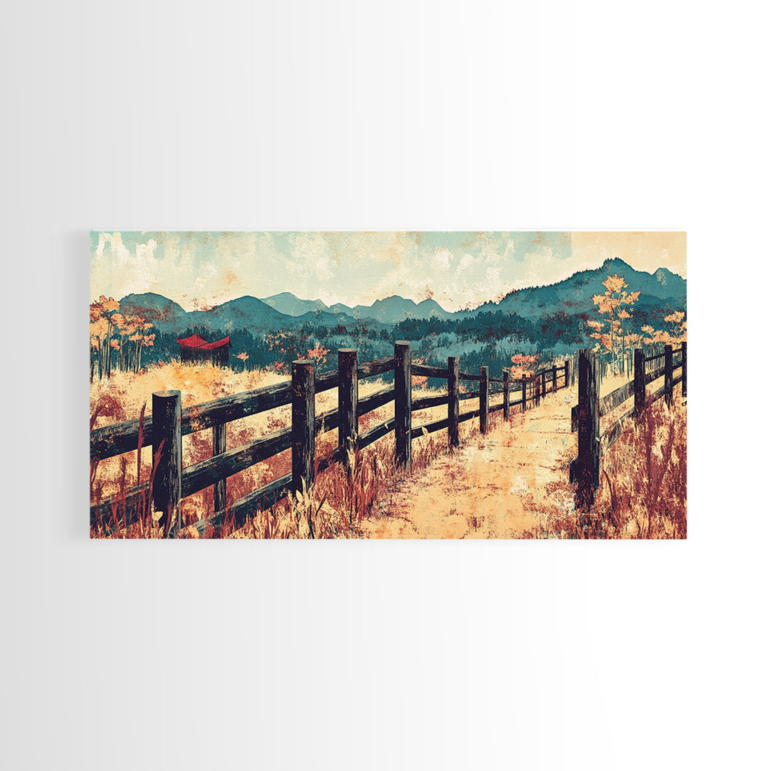Mountain Fence Path Through Autumn Fields Wall Art, Rustic Landscape Canvas Print For Farmhouse Decor And Entryway Decor