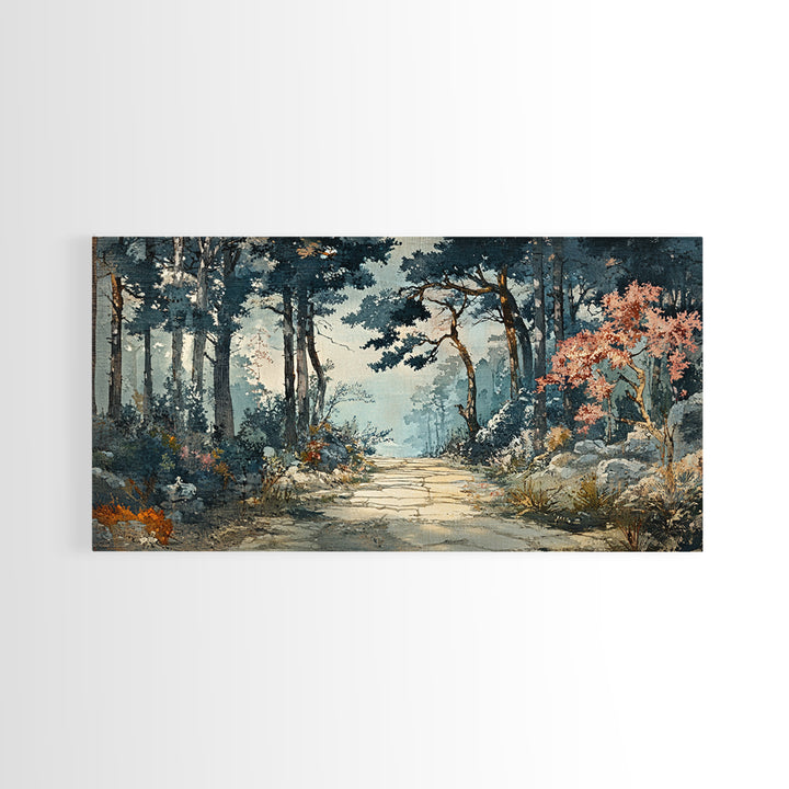 Misty Forest Path With Pink Blossoms Wall Art, Moody Woodland Canvas Print For Nature Decor And Serene Living Room Decor
