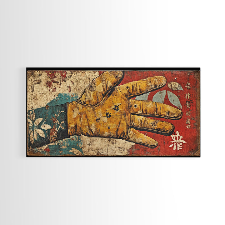 Antique Illustrated Gloved Hand On Red Teal Ground Wall Art, Surreal Canvas Print For Eclectic Decor And Statement Wall Decor