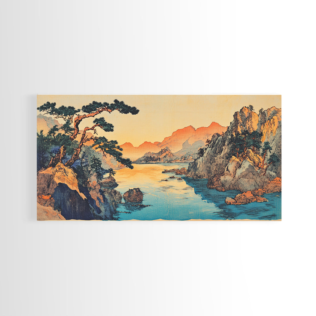 Serene Asian River Valley With Pine And Cliffs Framed Canvas Print, Japanese Landscape Art, Coastal Wall Decor, Zen Home Decor