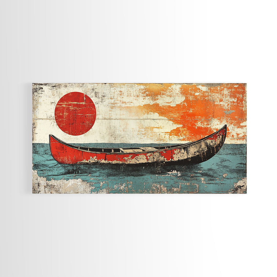 Weathered Red Canoe Beneath Rising Sun Canvas Print, Nautical Wall Art, Minimalist Ocean Art, Coastal Lake House Decor, Gift For Him