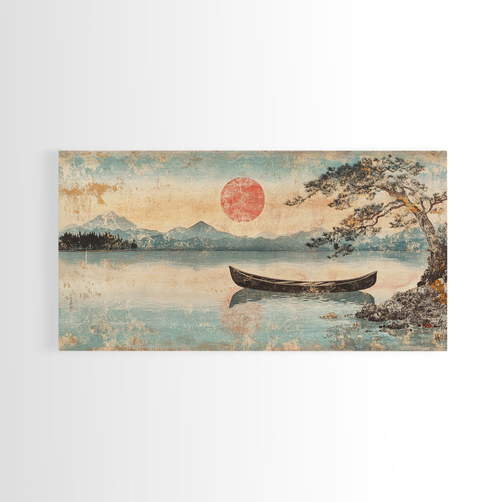 Quiet Canoe On Misty Mountain Lake Wall Art, Japanese Landscape Print, Serene Nature Home Decor, Above Bed Horizontal Art