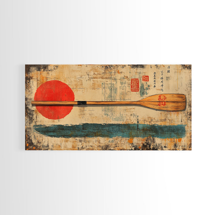 Wooden Canoe Paddle With Red Sun Canvas Print, Japanese Wall Art, Rustic Nautical Decor, Lake House Gift, Long Horizontal Art