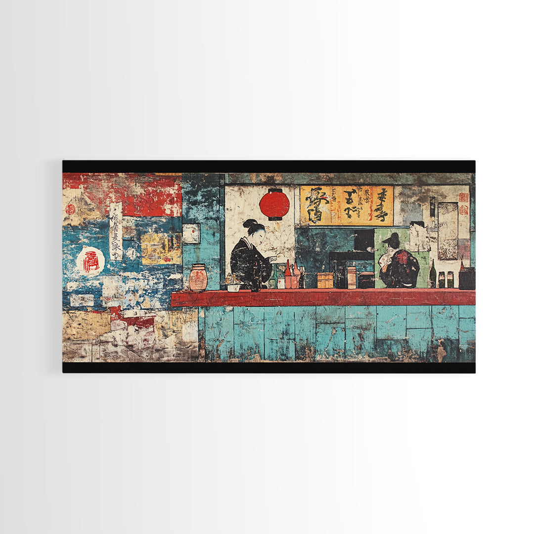 Retro Japanese Ramen Shop With Chef And Diner Canvas Print, Kitchen Wall Art, Restaurant Decor, Asian Food Poster, Home Decor