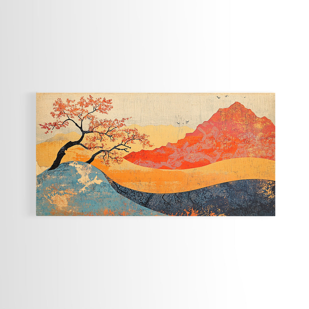 Red Mountain And Blossoming Tree Wall Art, Japanese Landscape Canvas Decor, Abstract Nature Print For Bedroom Or Office Decor