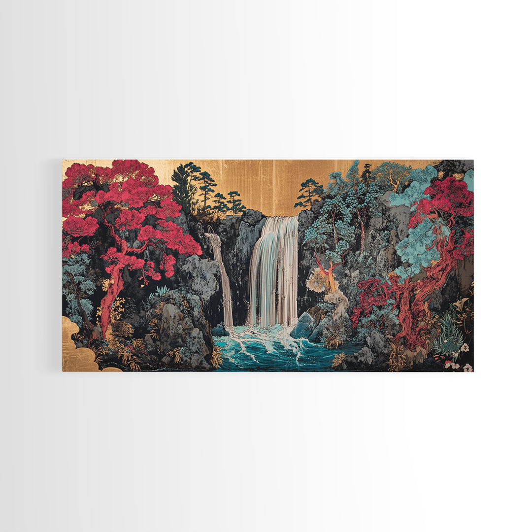 Lush Waterfall With Pink Forest Wall Art, Japanese Garden Canvas Decor, Moody Botanical Landscape Print For Living Room Decor