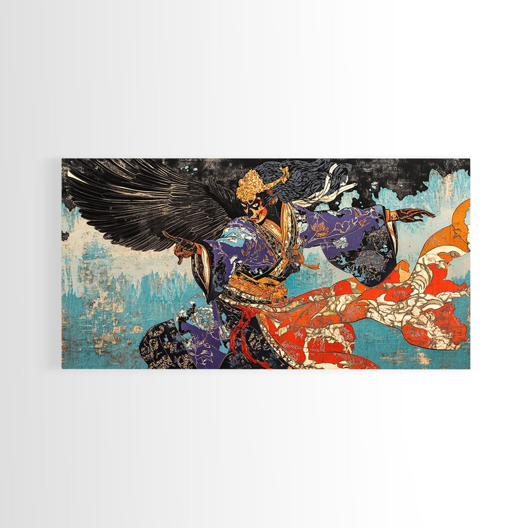 Winged Samurai Warrior In Blue Kimono Wall Art, Japanese Mythological Canvas Decor, Dramatic Fantasy Art Print For Office