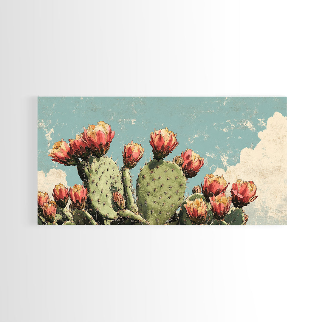 Blooming Prickly Pear Cactus Wall Art, Desert Botanical Canvas Decor, Southwestern Floral Print For Bedroom Or Living Room
