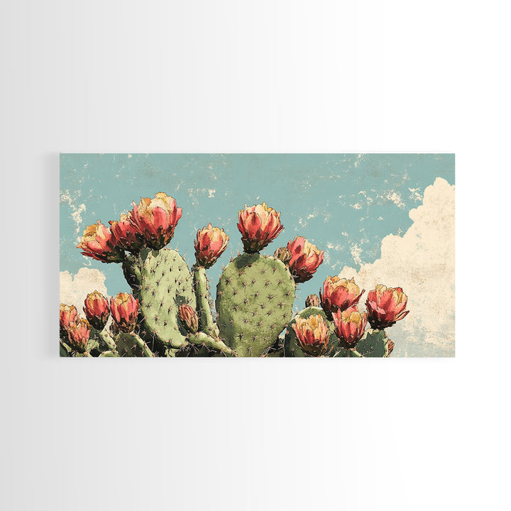 Blooming Prickly Pear Cactus Wall Art, Desert Botanical Canvas Decor, Southwestern Floral Print For Bedroom Or Living Room