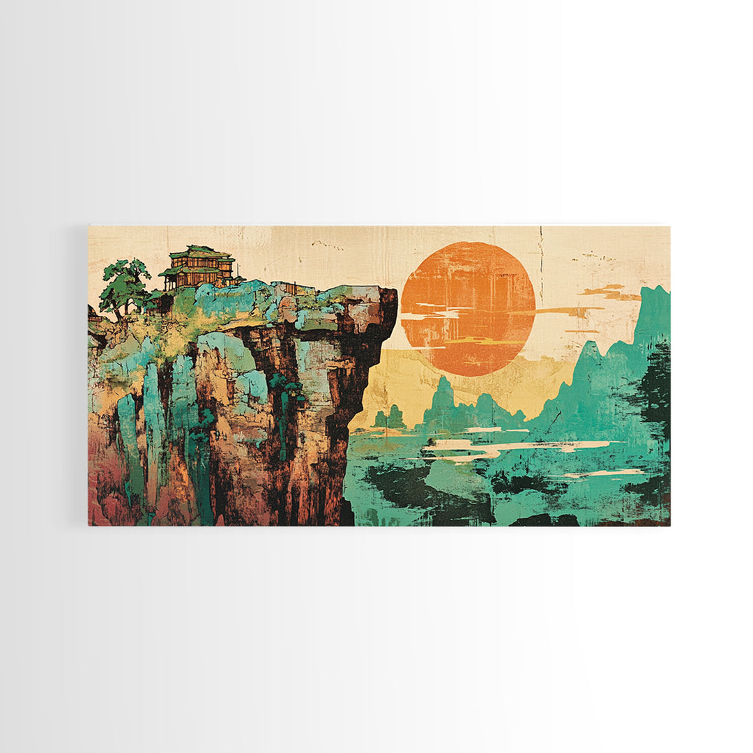 Cliffside Temple And Orange Sun Framed Canvas Print, Asian Landscape Wall Art, Japandi Home Decor For Modern Living Room