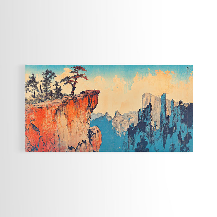 Red Canyon Cliff With Windswept Pines Canvas Print, Asian Mountain Landscape Wall Art, Large Japandi Home Decor For Living Room