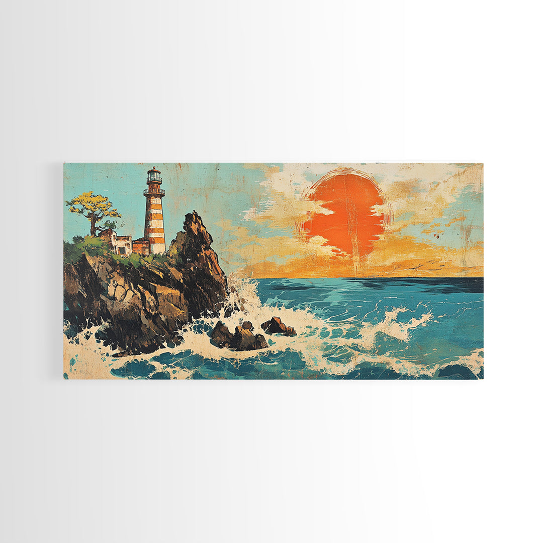 Rocky Lighthouse At Orange Ocean Sunset Framed Canvas Print, Nautical Coastal Wall Art, Beach House Decor Gift For Living Room
