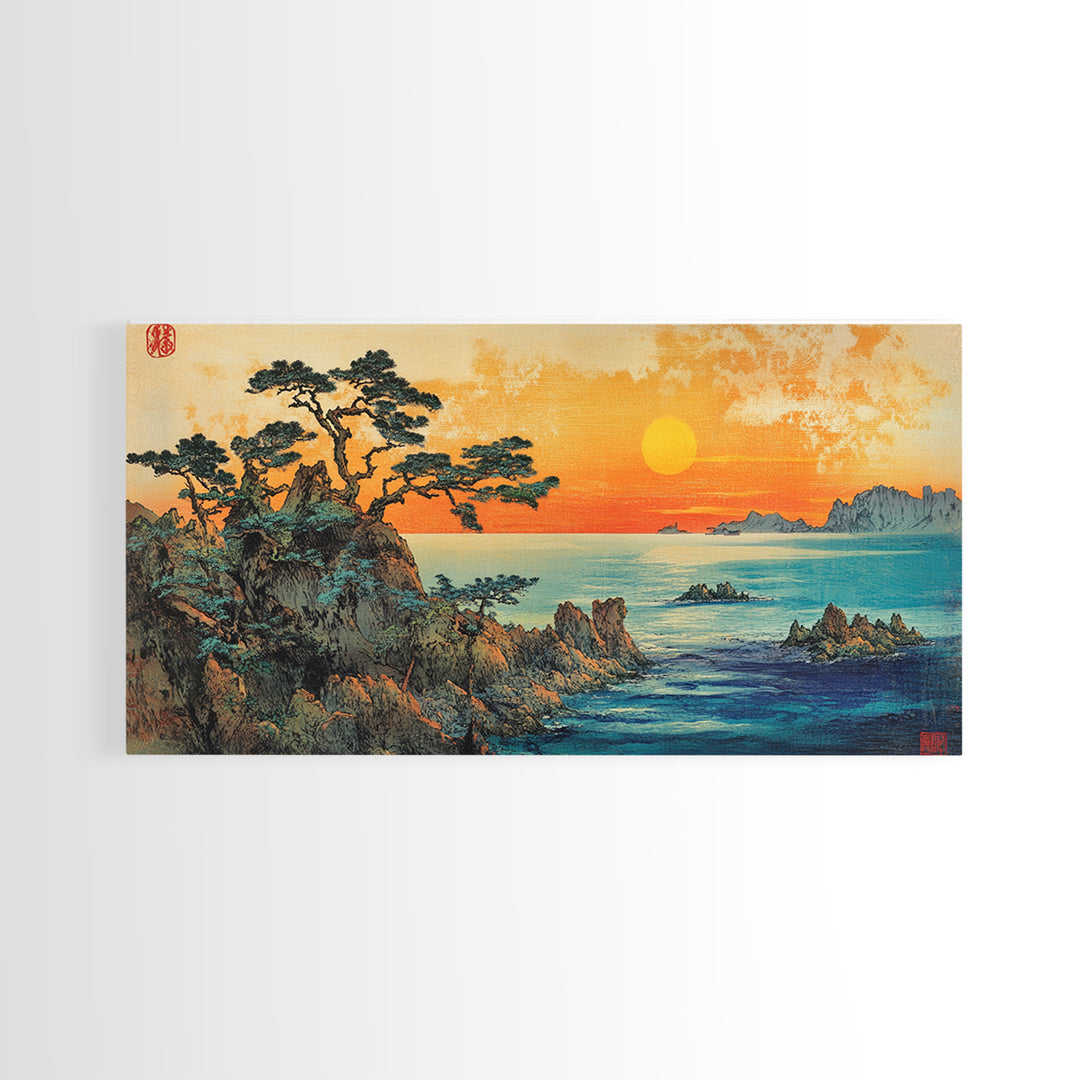 Golden Sunset Over Pine Covered Rocky Coast Canvas Print, Coastal Landscape Wall Art, Serene Beach House Decor For Living Room