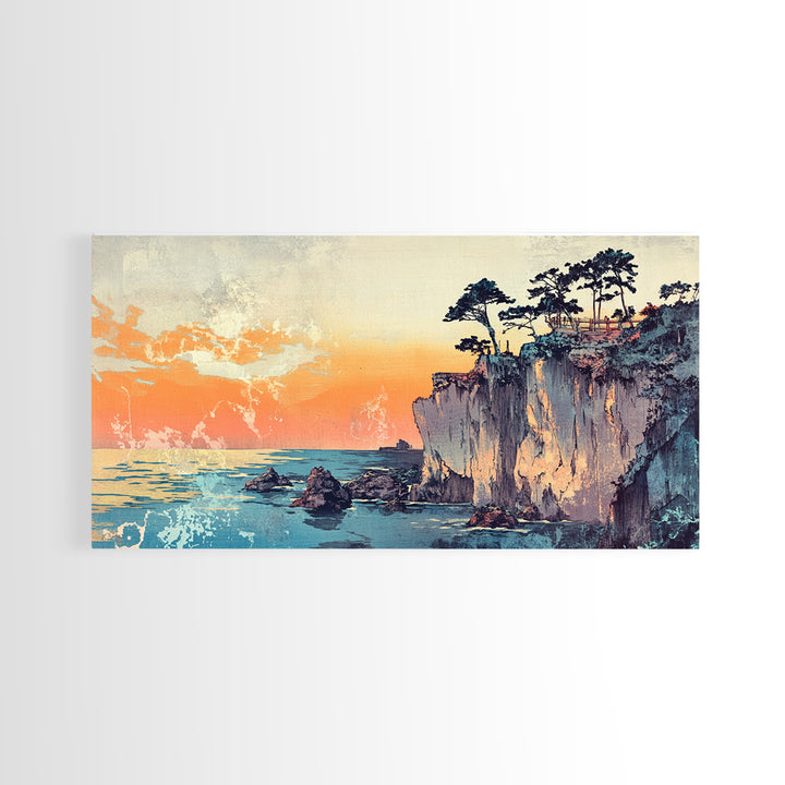 Sunset Sea Cliffs With Windswept Pines Wall Art, Coastal Canvas Print, Ocean Landscape Home Decor For Modern Living Room