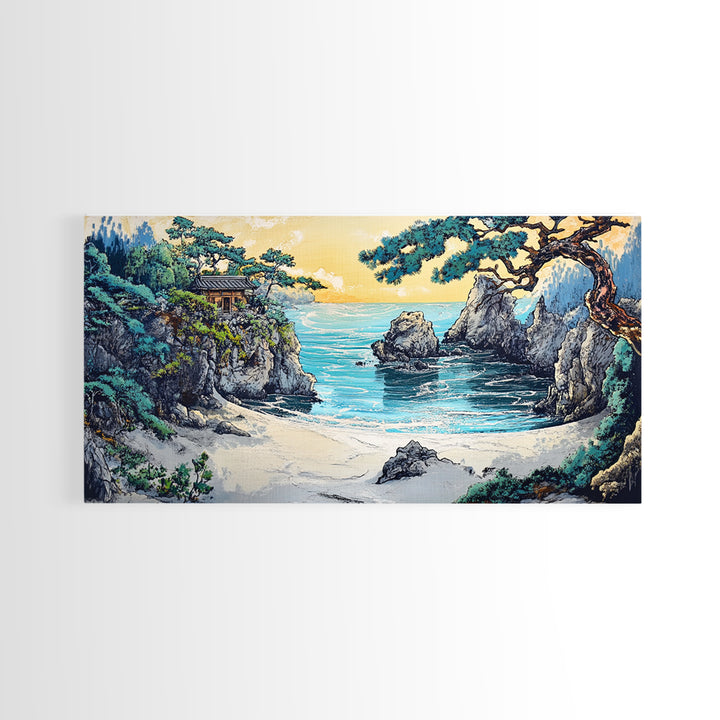 Secluded Turquoise Cove With Cliffside Temple Framed Canvas Print, Japanese Coastal Wall Art, Japandi Home Decor For Living Room