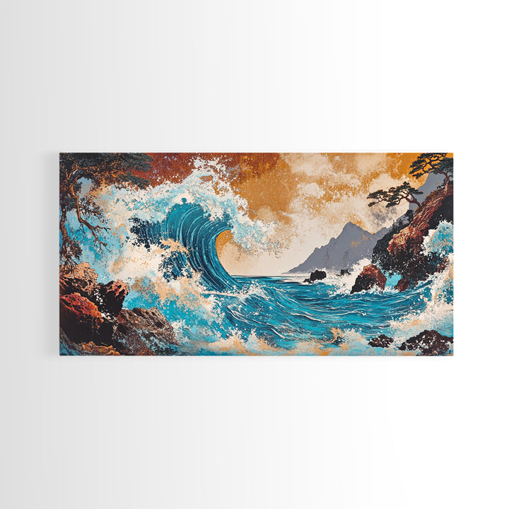 Crashing Turquoise Wave Between Rocky Cliffs Canvas Print, Japanese Ocean Wall Art, Dramatic Coastal Home Decor For Living Room