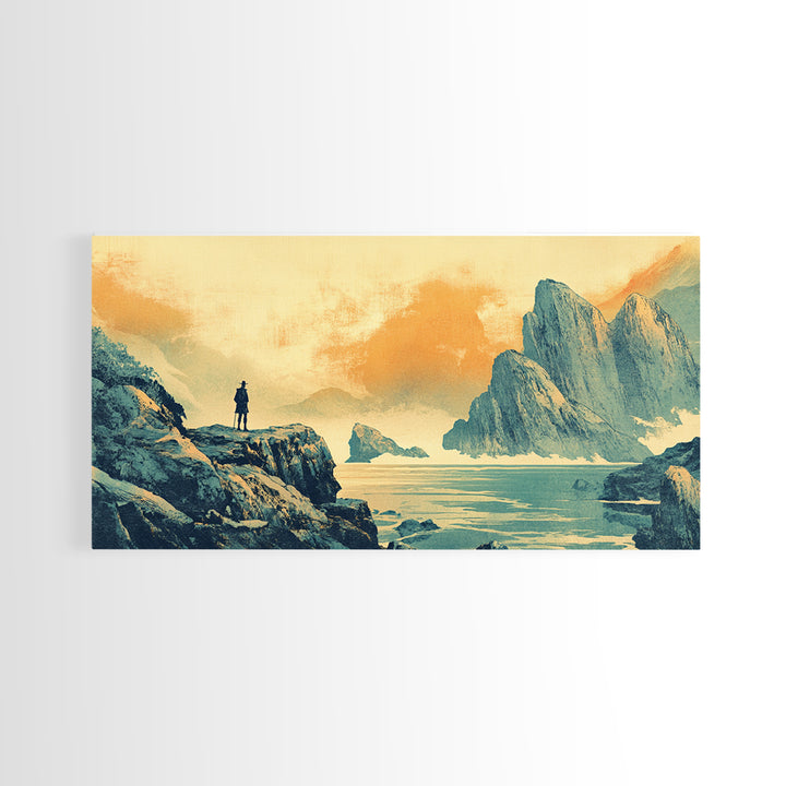 Lone Traveler Over Misty Mountain Lake Framed Canvas Print, Asian Landscape Wall Art, Calming Japandi Home Decor For Living Room