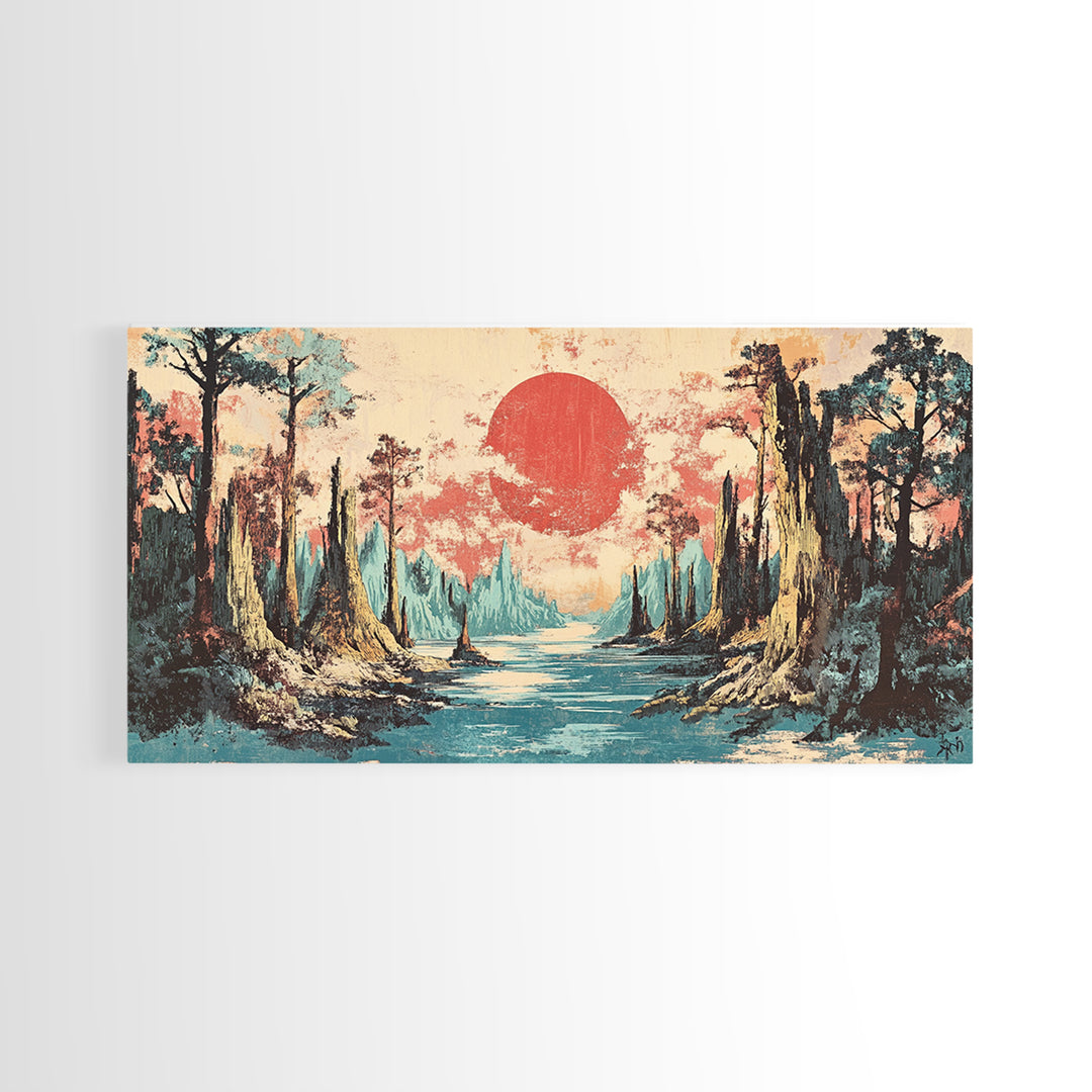 Cypress Swamp River At Red Sun Sunset Canvas Print, Bayou Landscape Wall Decor, Rustic Nature Art, Living Room Decor, Housewarming Gift
