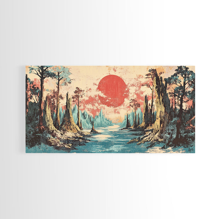 Cypress Swamp River At Red Sun Sunset Canvas Print, Bayou Landscape Wall Decor, Rustic Nature Art, Living Room Decor, Housewarming Gift